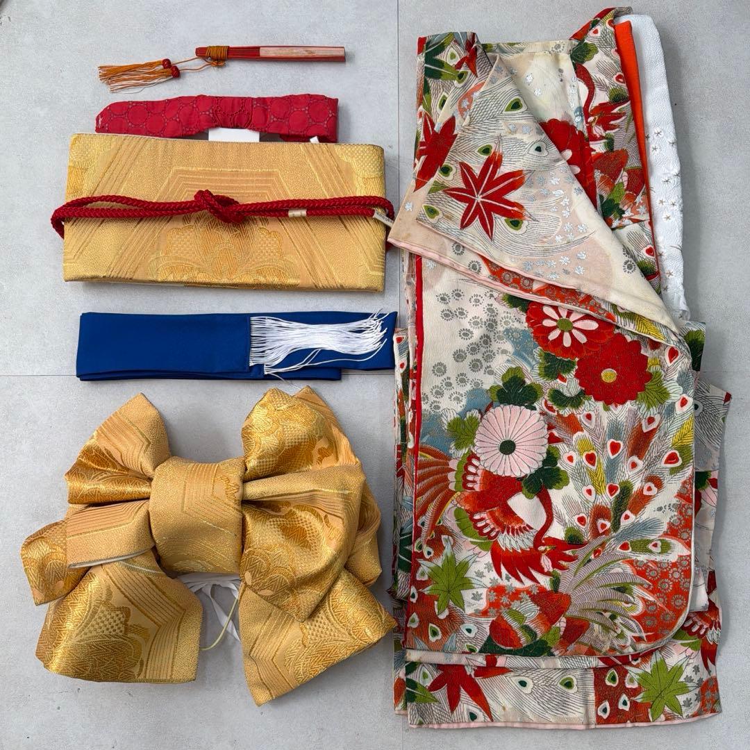 No.k002七五三 7歳 着物 フルセット レトロ花柄 ※シミあり