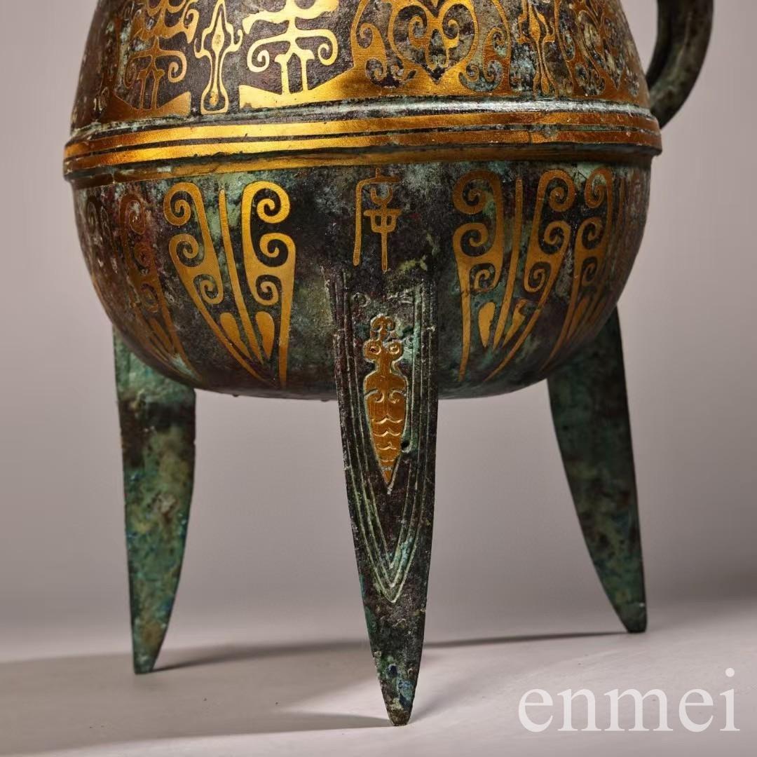 中国古美術・旧蔵搓金装飾付き銘文入り青銅酒壺・青銅・純手作り・高浮彫・置物・酒器