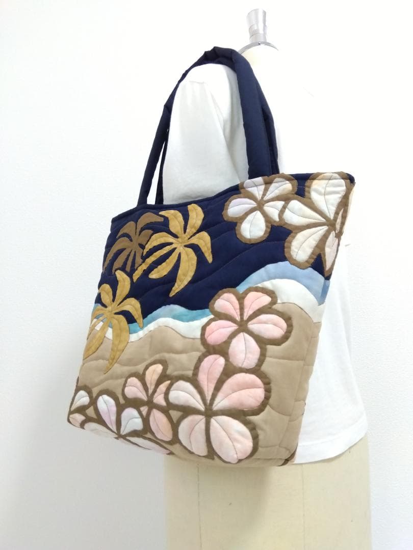 ハワイアンキルト　ハンドメイド　ヤシの木　プルメリアトートバッグ