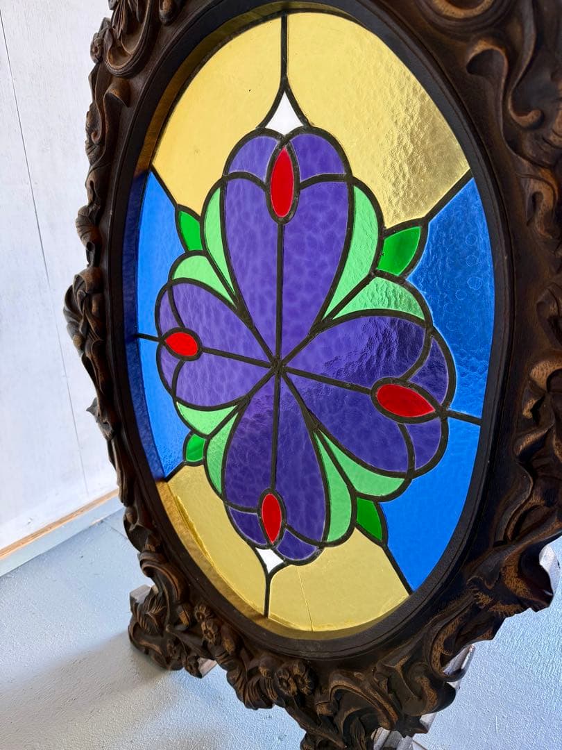 引取り限定 フレーム付き ステンドグラス オブジェ 窓枠