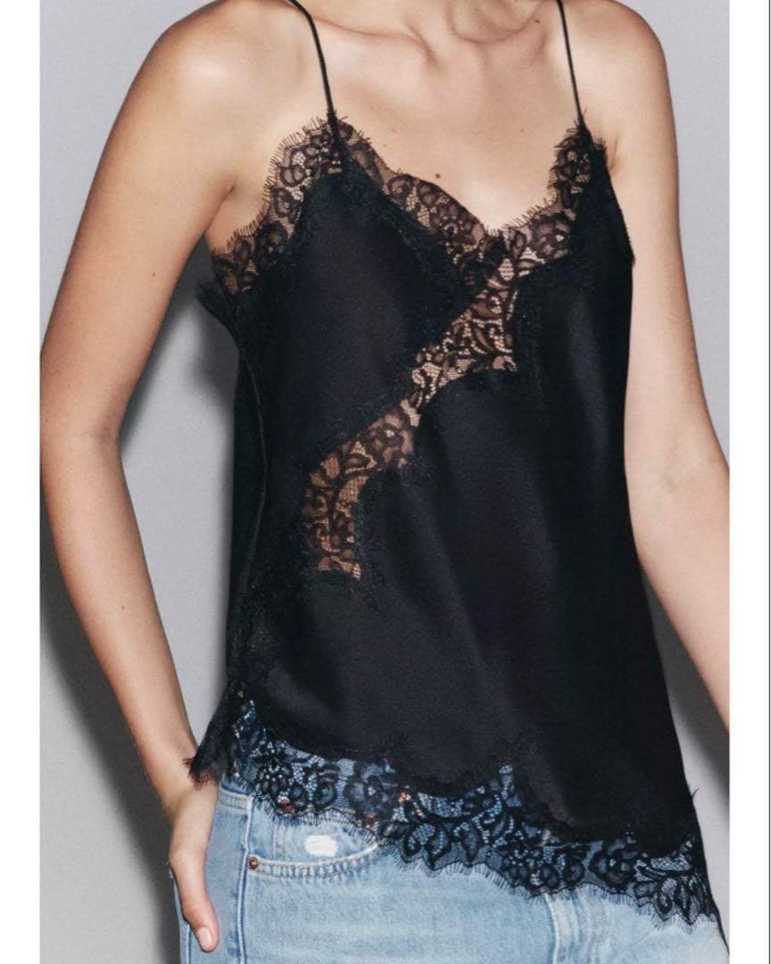 完売★ZARAレーストリムキャミソールトップスSサイズ★黒★新品タグ付フォロー割