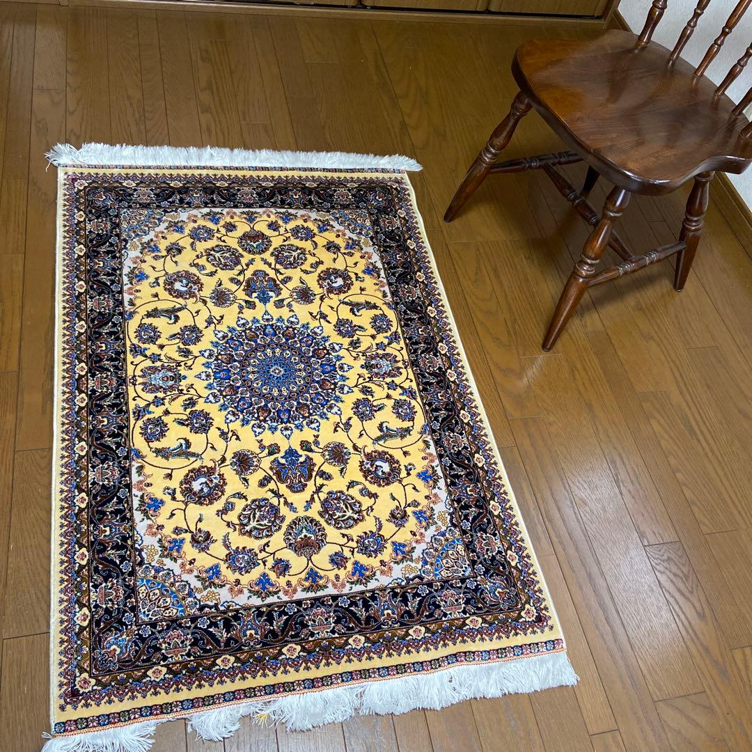 FDJ 　ベルギー製 ペルシャ絨毯 カーペット 花柄の黄色いラグ