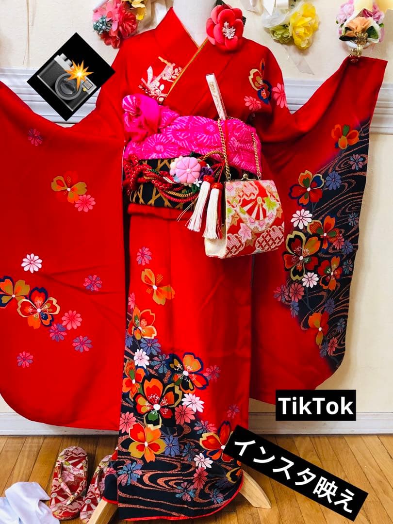 七五三 七歳‼️正絹豪華赤地桜金彩煌びやか極める‼️minkショール付完全フルセット