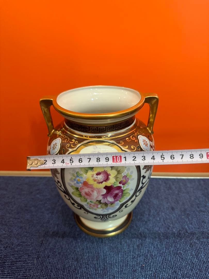 1842 オールドノリタケ　双耳花紋花瓶  時代物