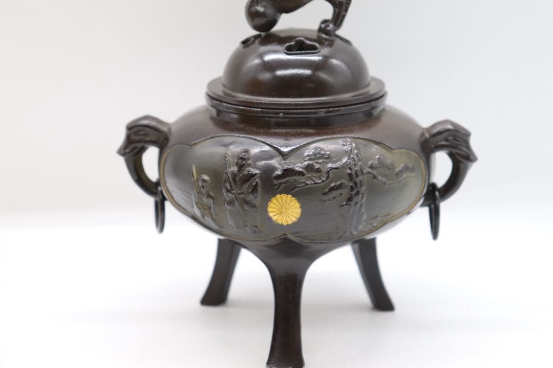 銅製　獅子摘み香炉　共箱　茶道具　送料込み250926