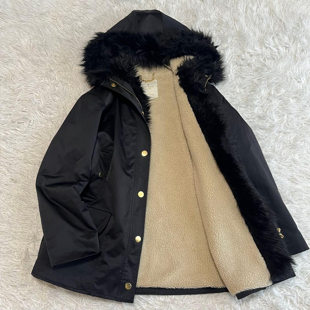 美品 ケイトスペード モッズコート 裏ボア ファー付き アウター 黒
