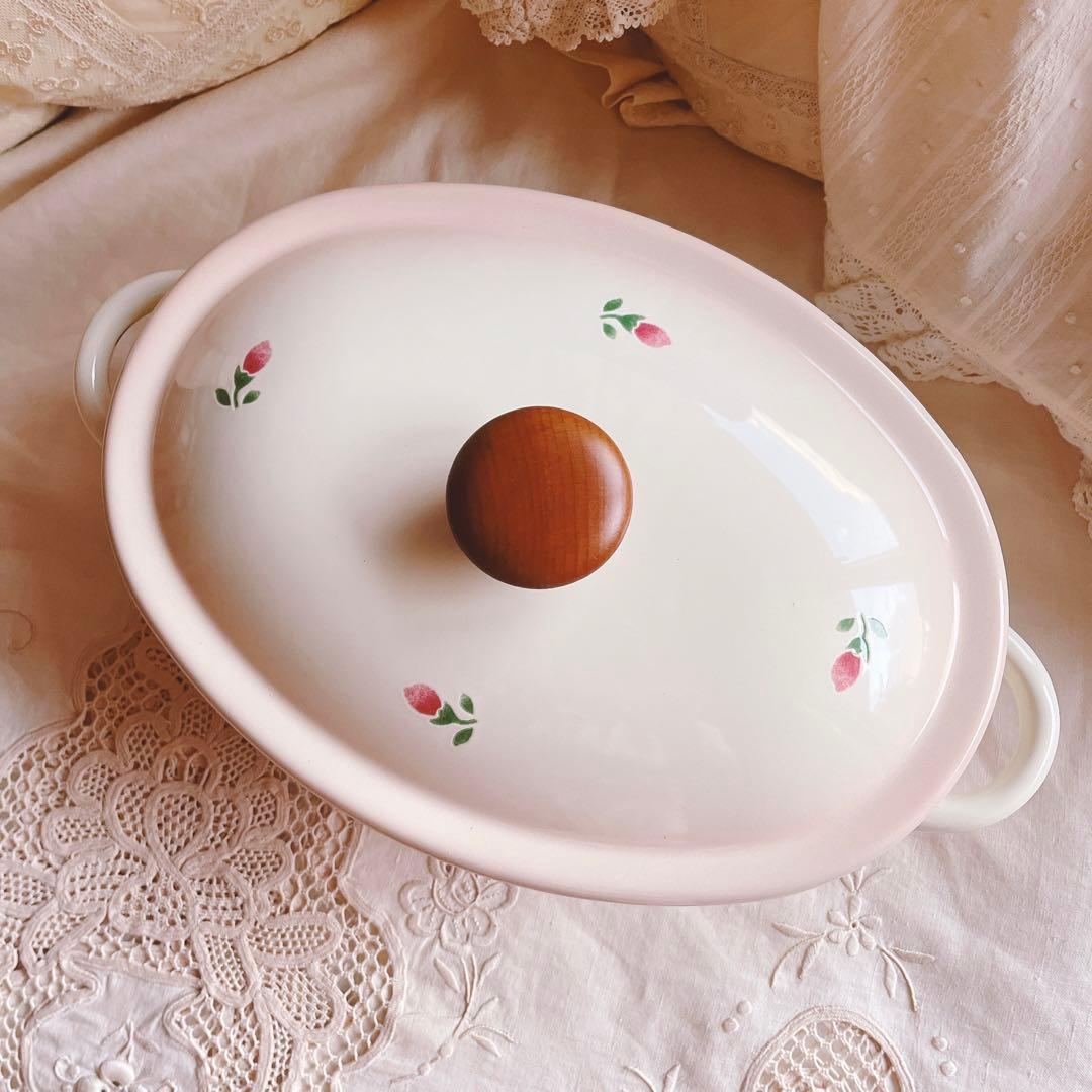 お値下げ♡マニーローズホーロー両手鍋イマンローズバスケット薔薇琺瑯ニトリイケア