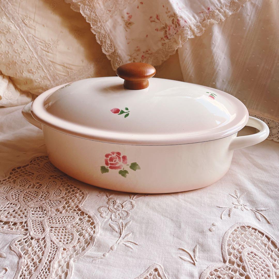 お値下げ♡マニーローズホーロー両手鍋イマンローズバスケット薔薇琺瑯ニトリイケア