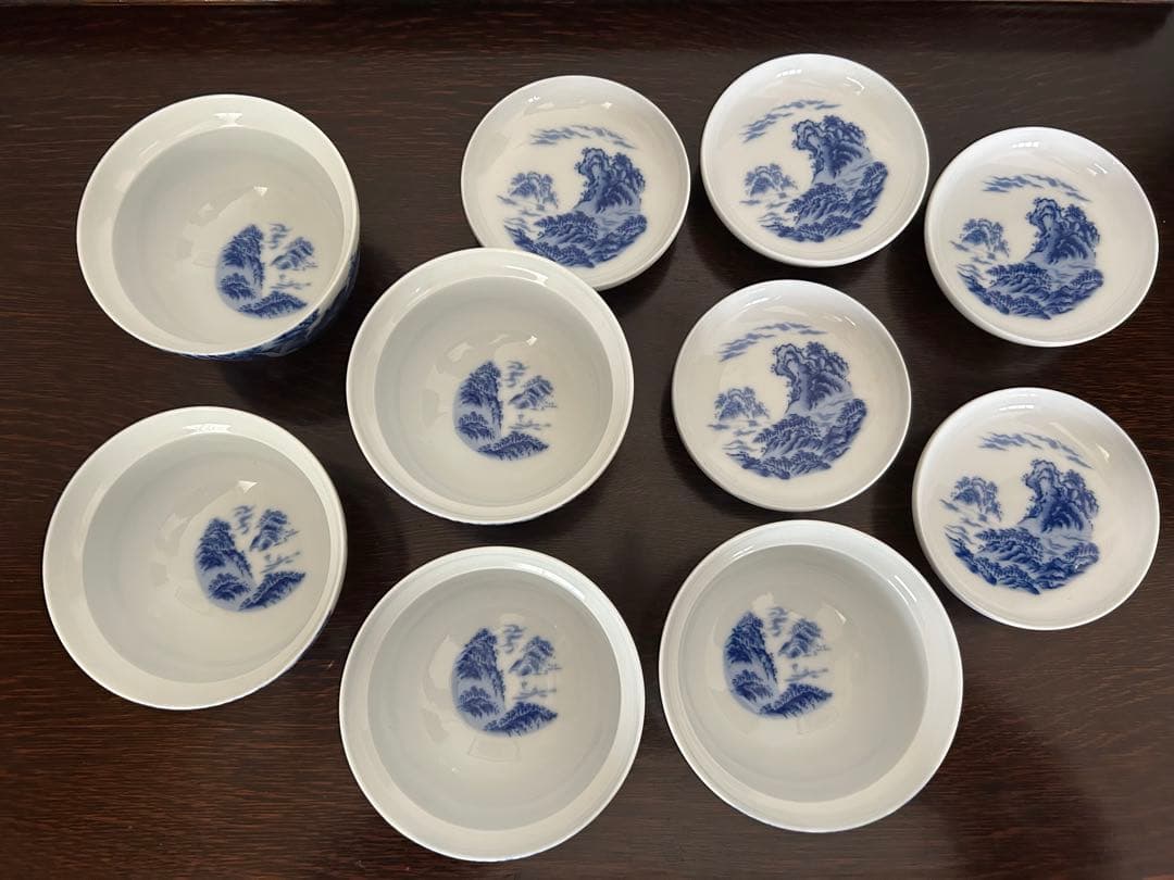 香蘭社　染付山水　蓋付煮物椀　5客