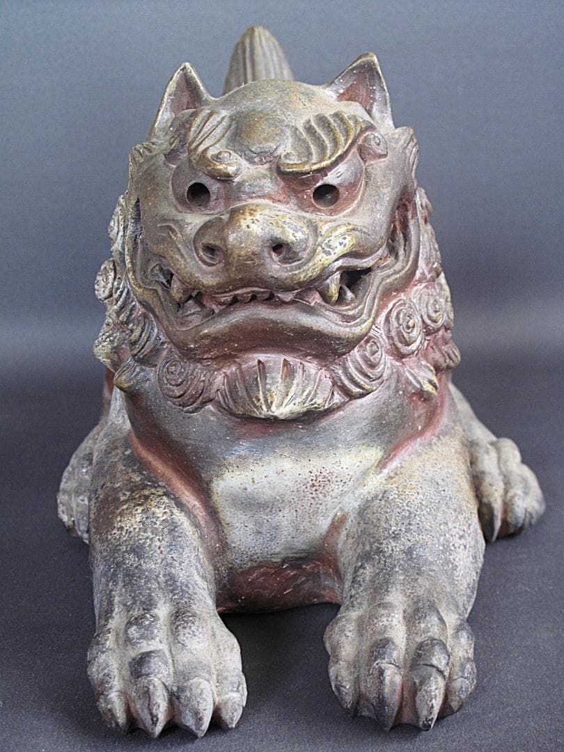優品‼ 備前名工! 藤原陶斎 作『獅子置物』細工物 高19.5㎝ 横38㎝