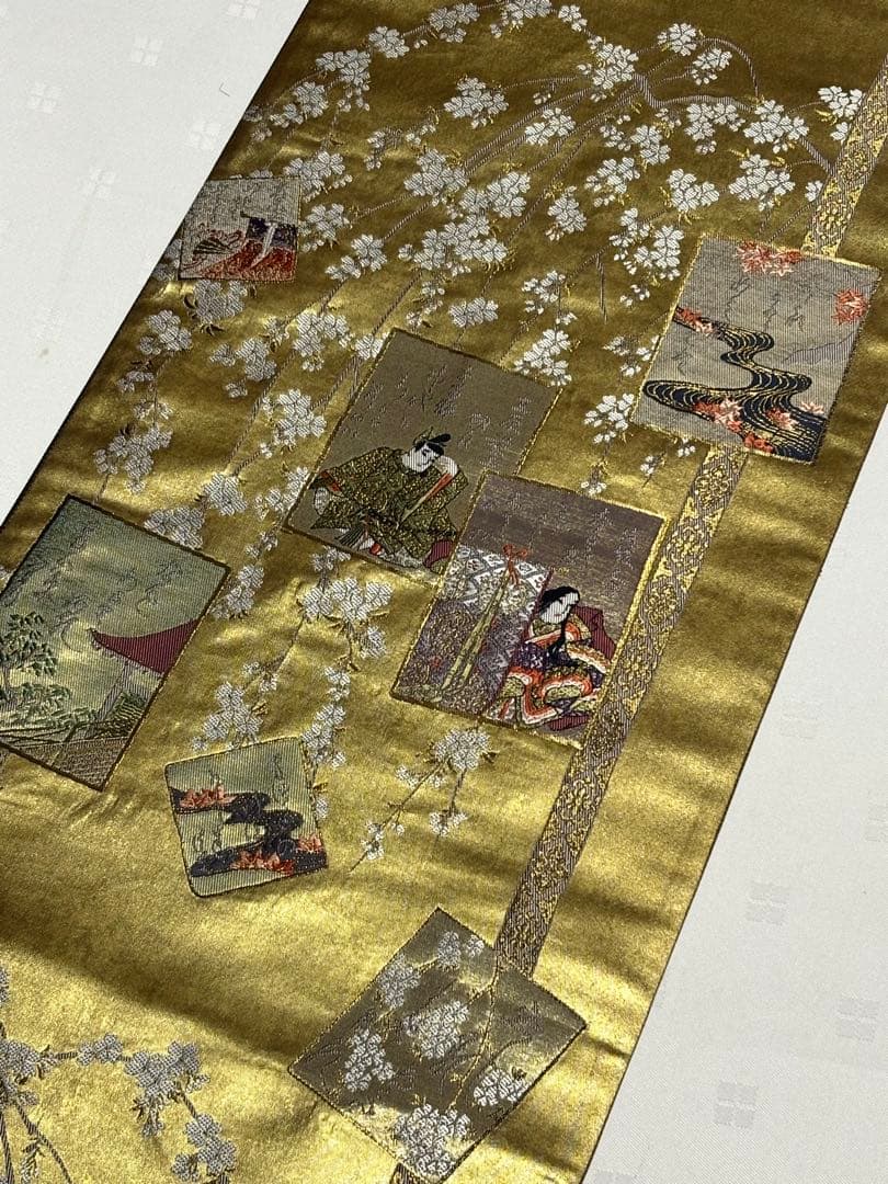 美品　和服帯　正絹　本金箔.献上源氏色紙文　袋帯　六通　早い者勝ち