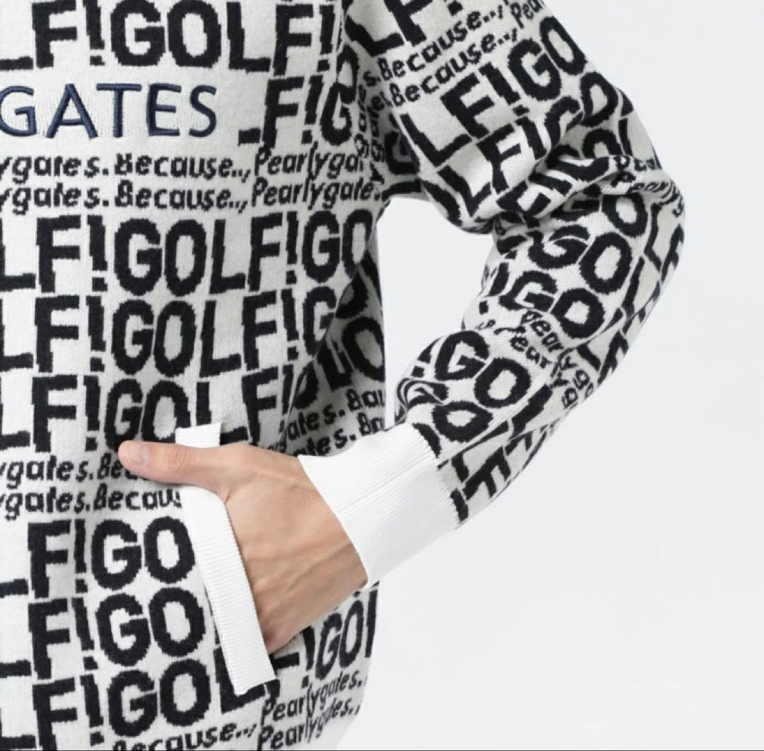 新品 パーリーゲイツ GOLF柄ジャガード ニット フーディ(4)サイズM/白