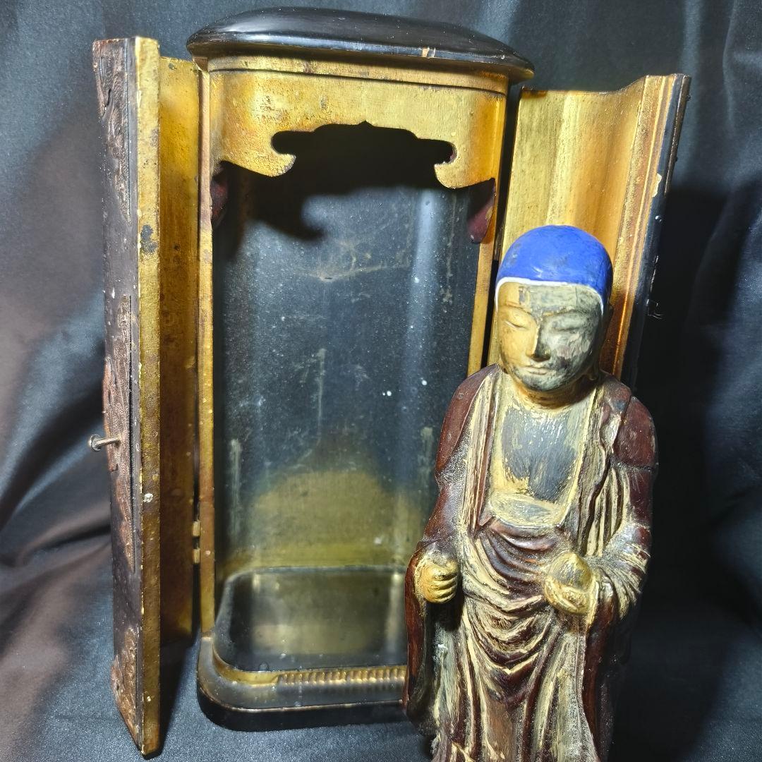 仏教古美術 漆金彩木彫り仏像 厨子付 骨董 アンティーク 蒐集家放出 旧家蔵出し