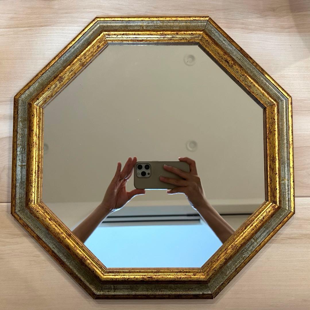 鏡 アンティーク 八角ミラー 壁掛け 八角形 アンティークグリーン＆ゴールド