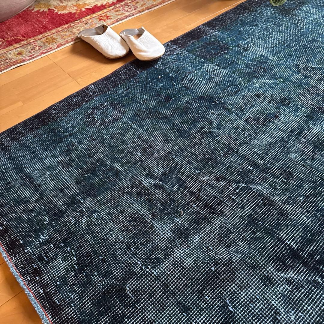 貴重110×198 デニムブルー藍色オーバーダイ　トルコヴィンテージラグ
