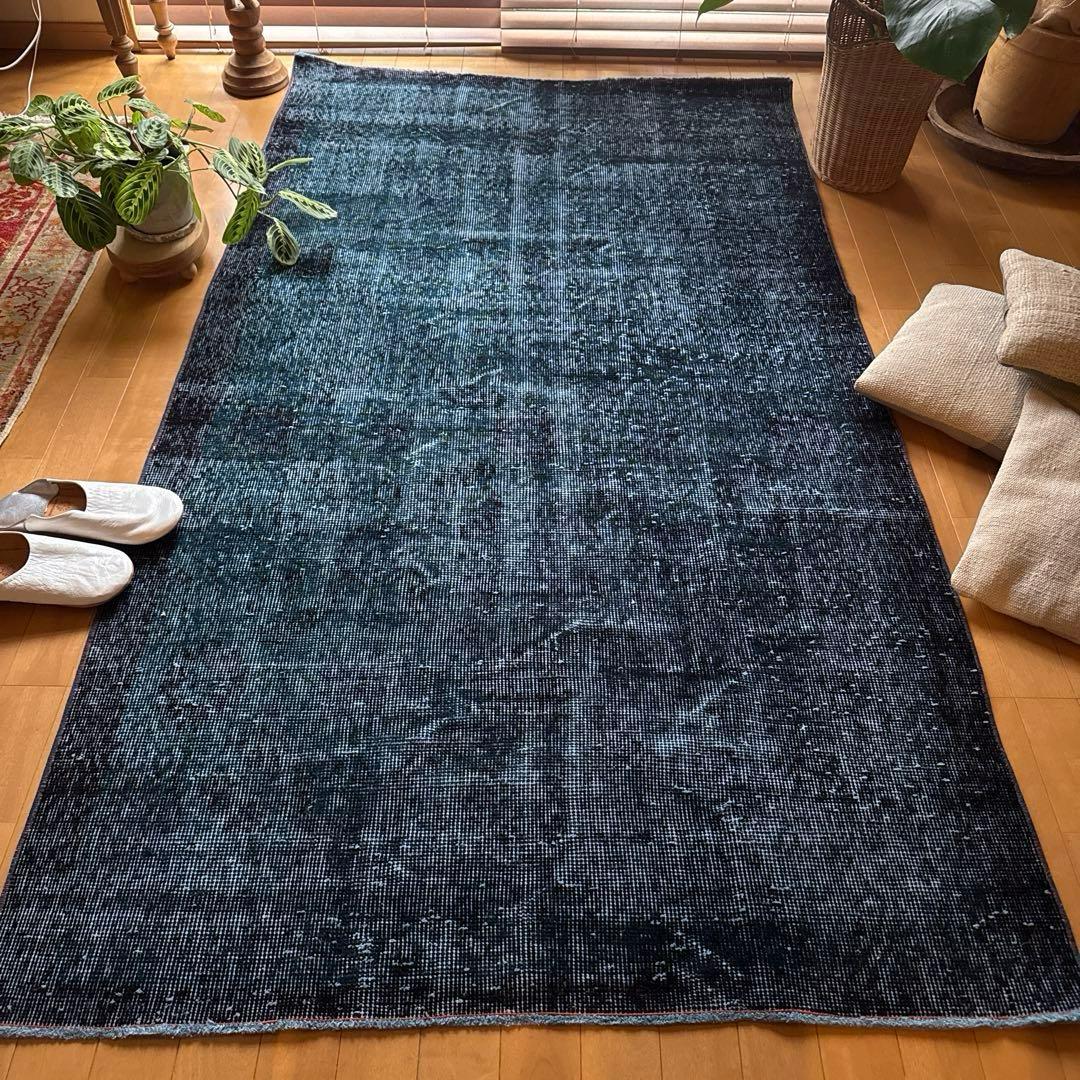 貴重110×198 デニムブルー藍色オーバーダイ　トルコヴィンテージラグ