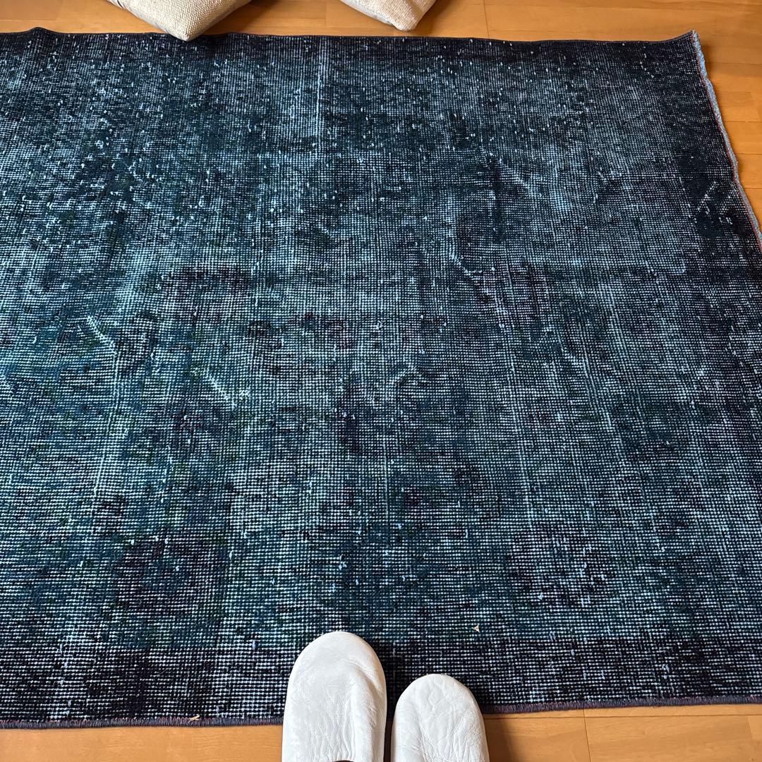 貴重110×198 デニムブルー藍色オーバーダイ　トルコヴィンテージラグ