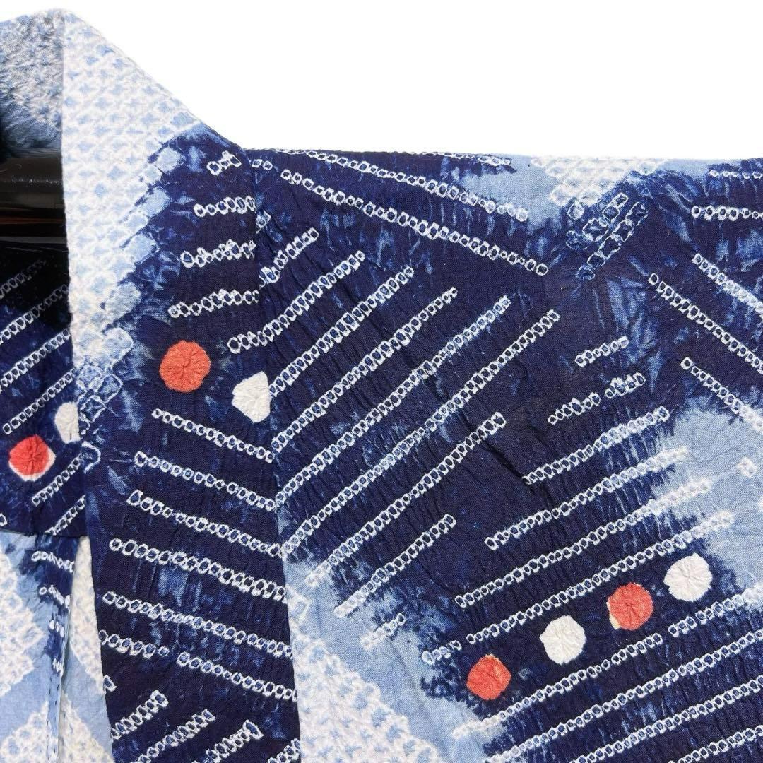 浴衣　有松鳴海絞り　ドット　変わり菱　縞模様　ブルー系着物　054w d