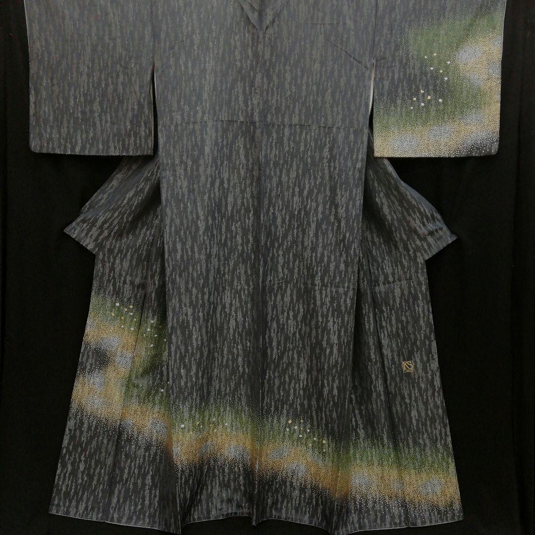 しゃれ訪問着(袷)　(銀通し銀河紋様　オーロラ風　墨黒色系　落款　小サイズ)