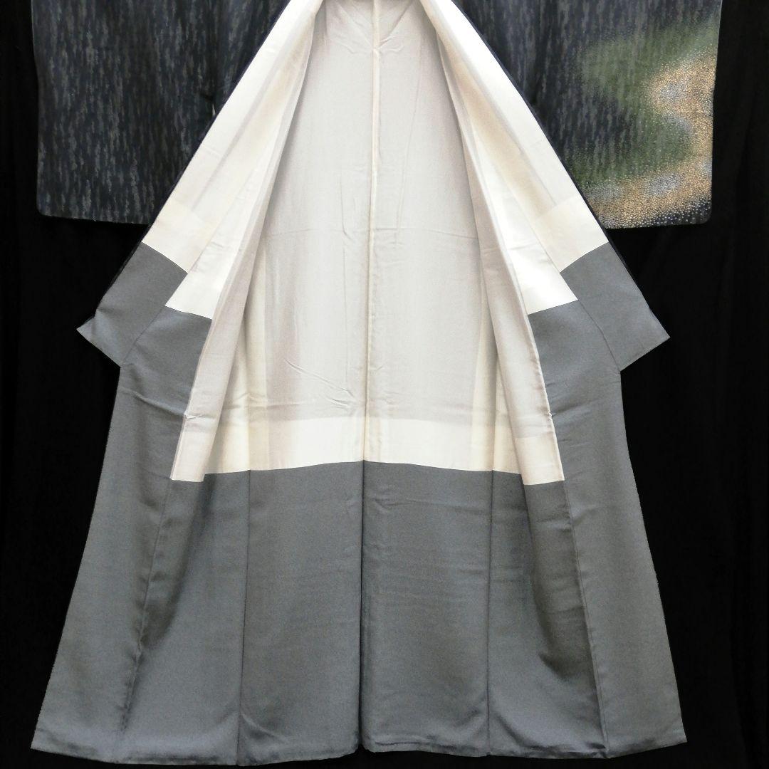 しゃれ訪問着(袷)　(銀通し銀河紋様　オーロラ風　墨黒色系　落款　小サイズ)