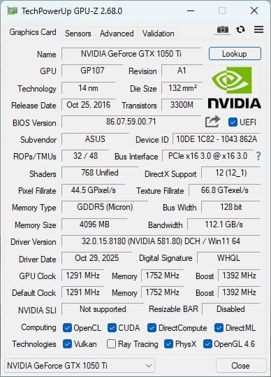ASUS GeForce GTX1050Ti 4GB Phoenix 動作確認済