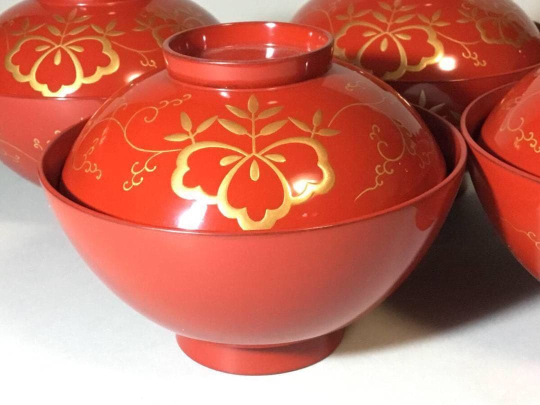 漆塗■ 吸い物椀 / ５客セット / 桐紋■伝統工芸 汁椀 木彫 和食器 漆器ー