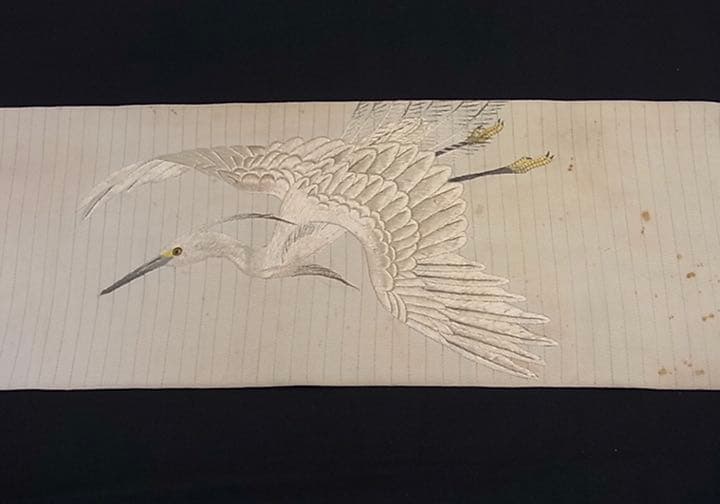 鷺　刺繍QJLLB 特選古美術　正絹夏帯　日本刺繍　アンティーク　九寸名古屋帯