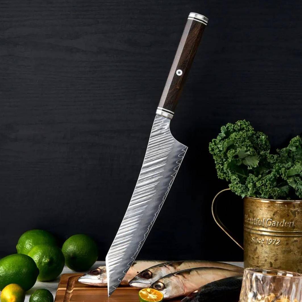 鬼反り切付型 V金10号 9層ダマスカス 牛刀 万能 包丁 24cm 黒檀八角柄