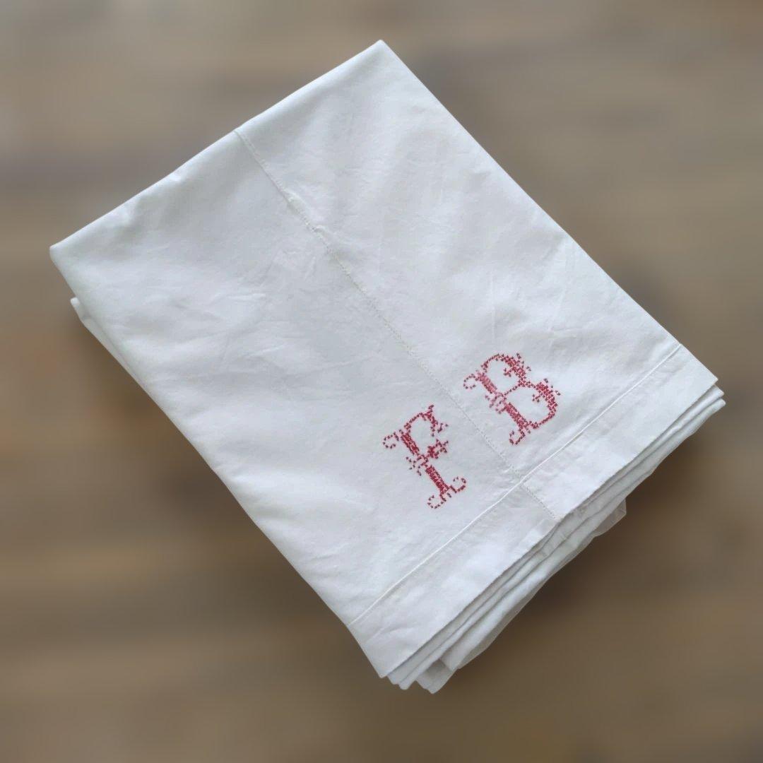 フランスアンティークイニシャル“FB”シーツモノグラム刺繍