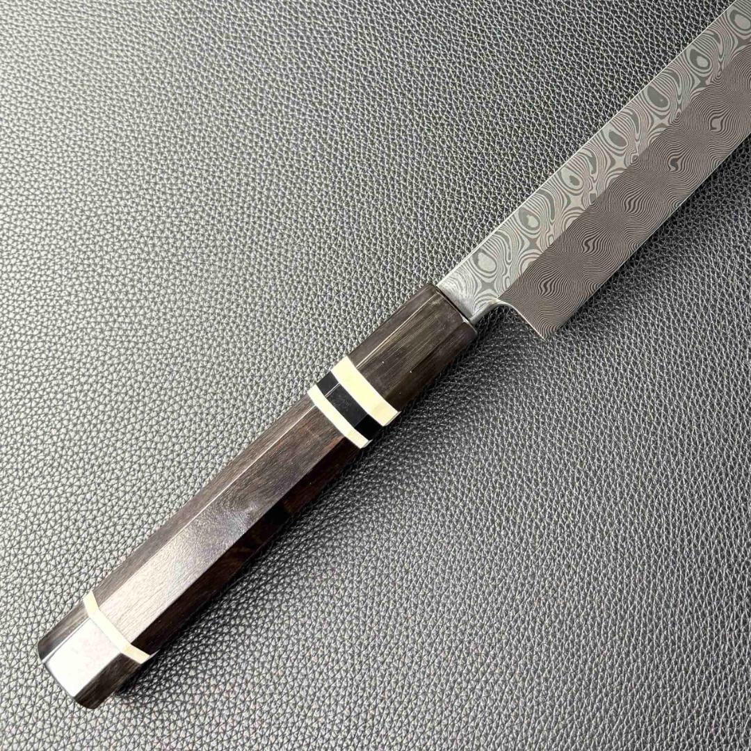 9572新品ダマスカス 切付包丁 尺一 海流紋105層 黒檀黒水牛白三本巻八角柄