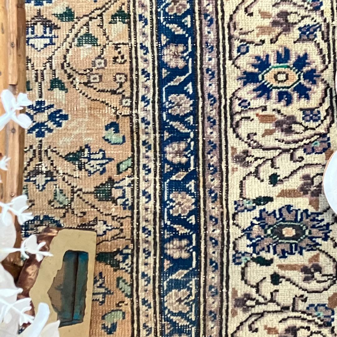 密織　繊細　デニムネイビー　淡いイエロークリームベージュ　トルコヴィンテージラグ