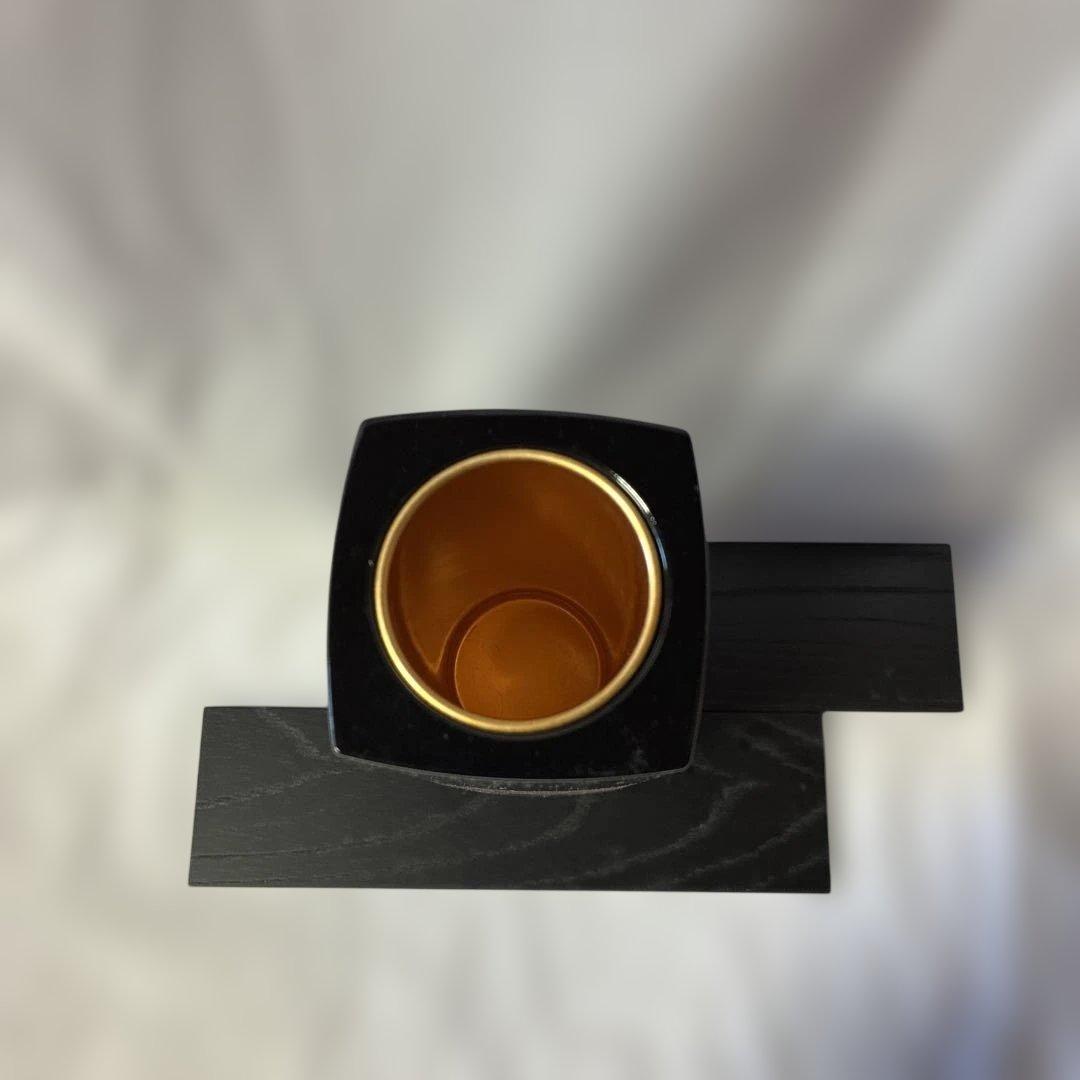 会津漆器 花器セット 黒 芍薬　花瓶 花生 角型 会津塗り 木繊 台付　漆器