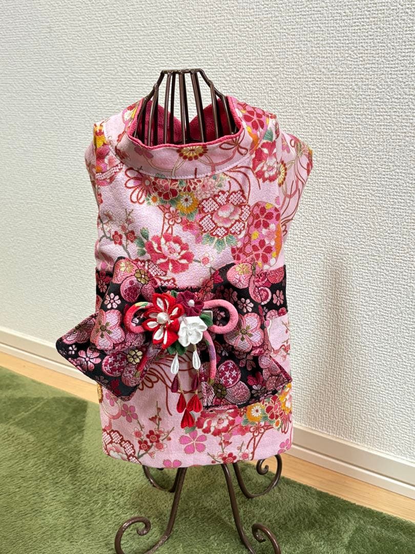 ★新作★完成品☆犬服☆つまみ細工帯飾り付き 犬用着物女の子用 華 ピンクSサイズ