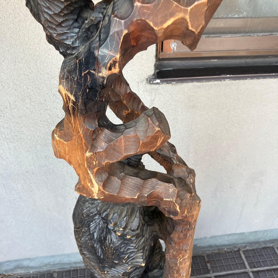 昭和レトロ 秀樹作 木製 木彫り 一刀彫 彫刻 クマ 熊 木登り熊 親子 縁起物