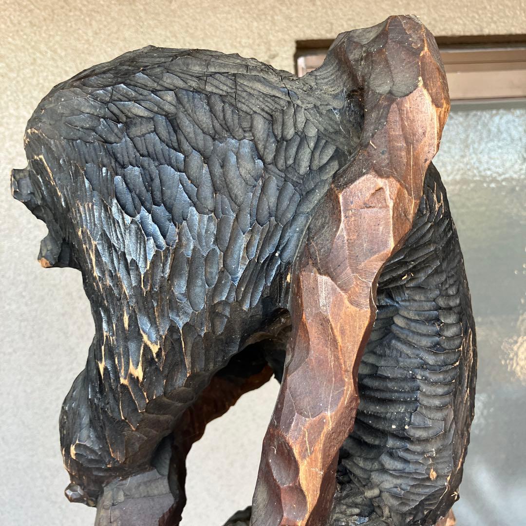 昭和レトロ 秀樹作 木製 木彫り 一刀彫 彫刻 クマ 熊 木登り熊 親子 縁起物