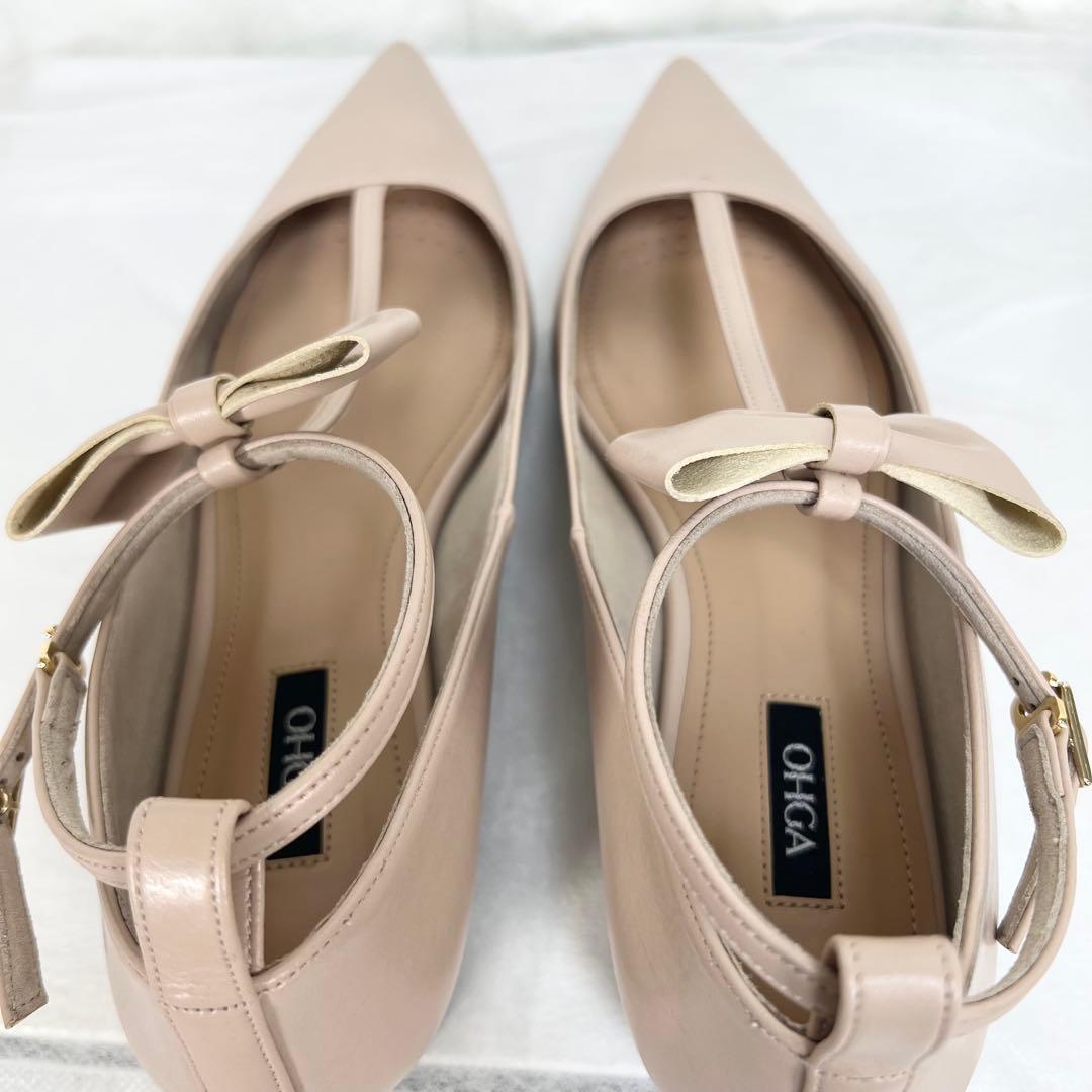 美品♡OHGA オーガ　Tアンクル　リボンパンプス　レザー　フラットパンプス