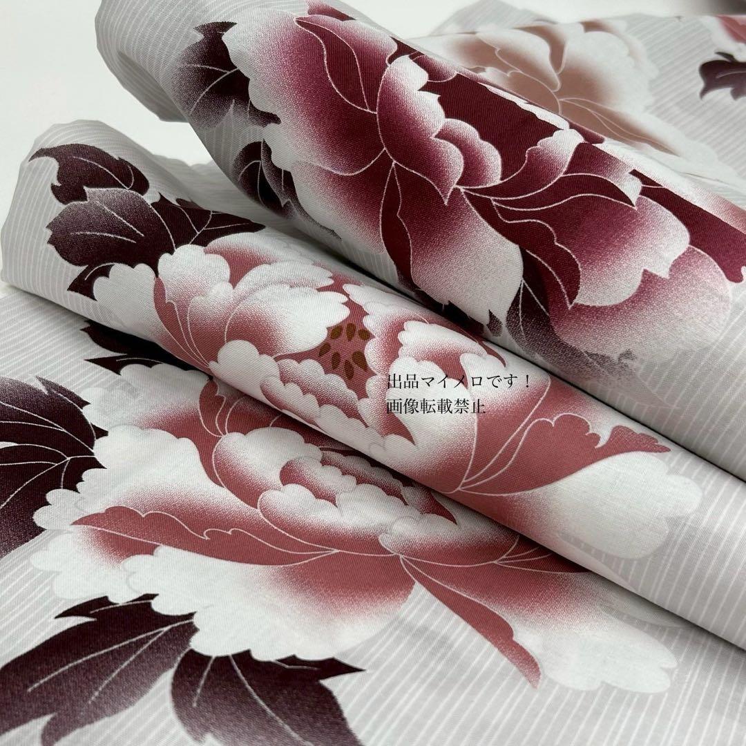 浴衣　大きめサイズ　浴衣 3L 牡丹　兵児帯　ボルドー　2点　新品　0706①
