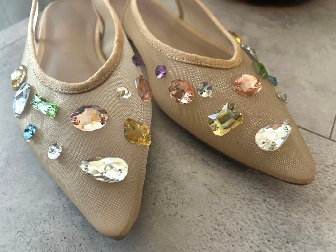 TULLEビジューバックストラップミュール　ベージュ/マルチ　M