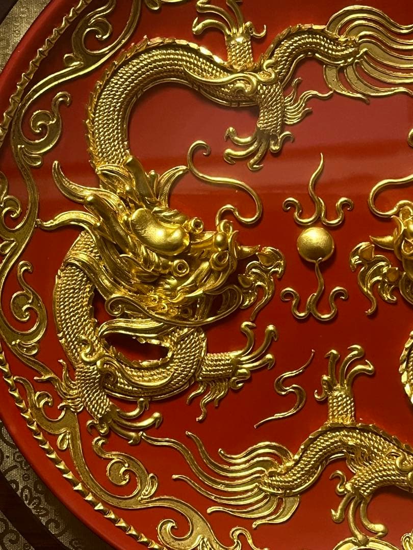 置物　二竜戱珠　金色　黄金　稀少品　黄金成色検测証書付