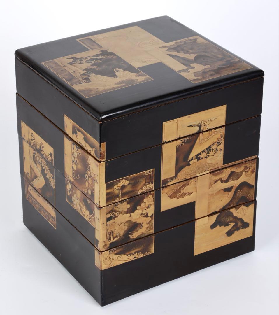 漆塗金蒔絵 野弁当 野点 花見重 重箱 錫製徳利 台付 骨董 古美術漆器 漆