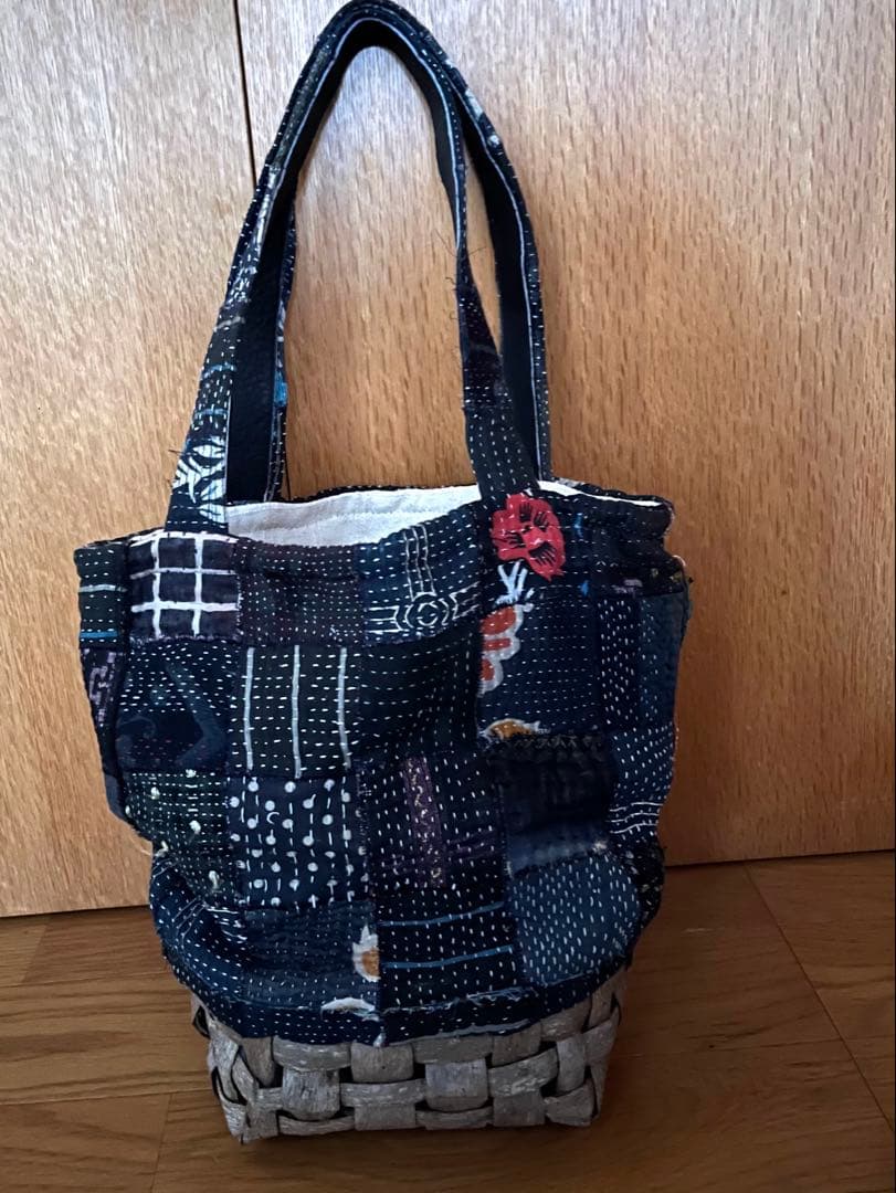 パッチワーク＆くるみ籠バッグ インド刺子 ハンドメイドメイド