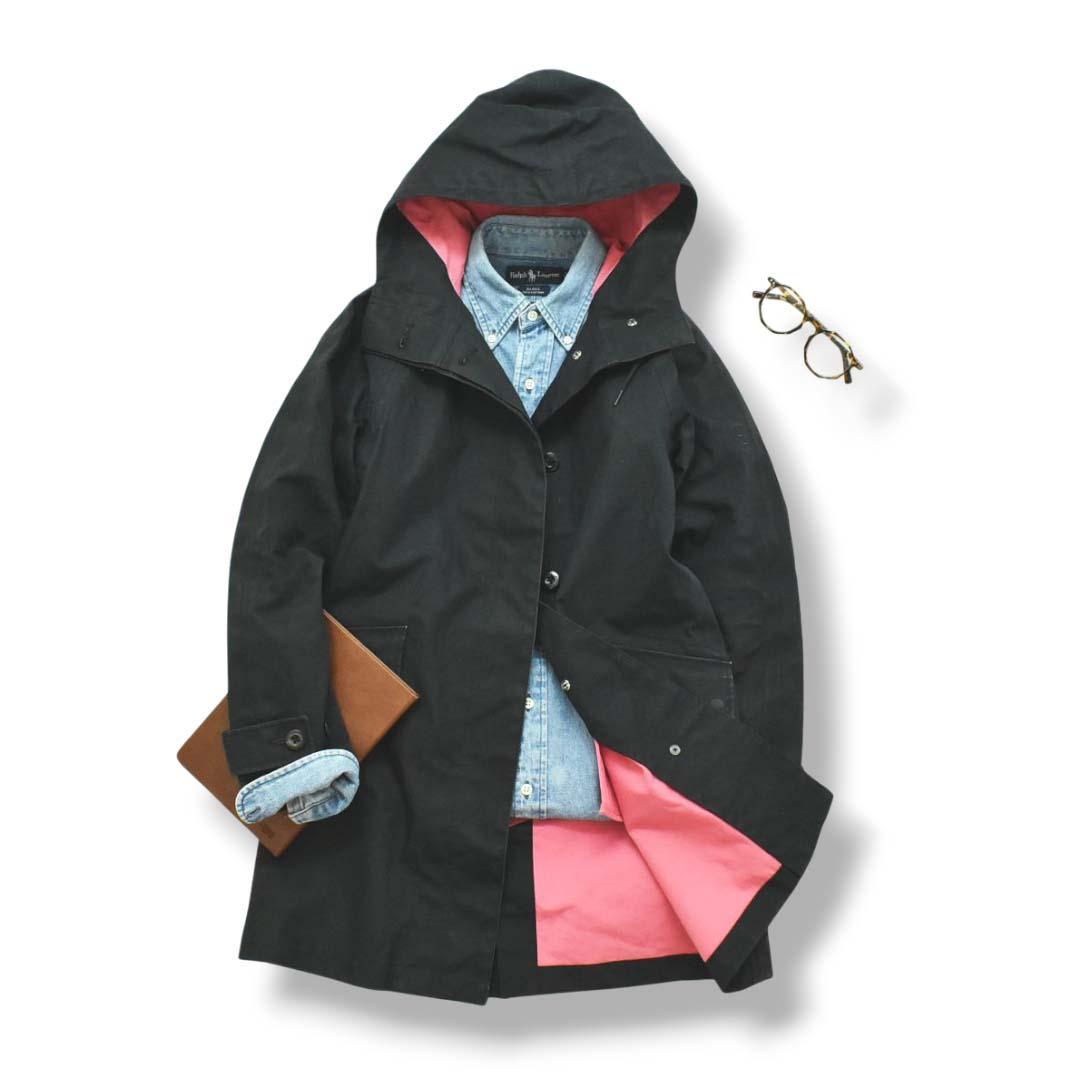 エーグル AIGLE フード付き 刺繍ロゴ ロング レイン コート M 紺 ♪