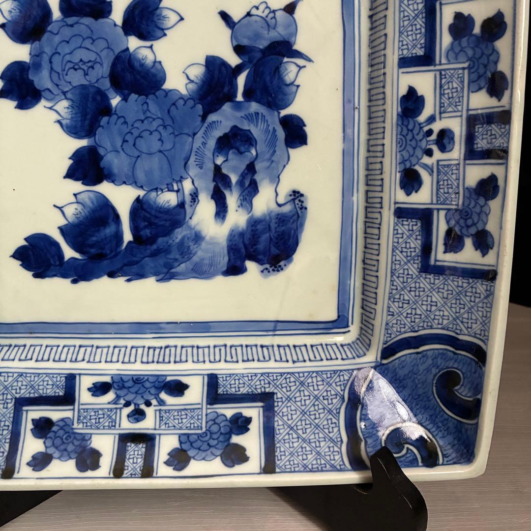 時代物 染付 牡丹文 角大皿 飾り皿 盛皿 骨董