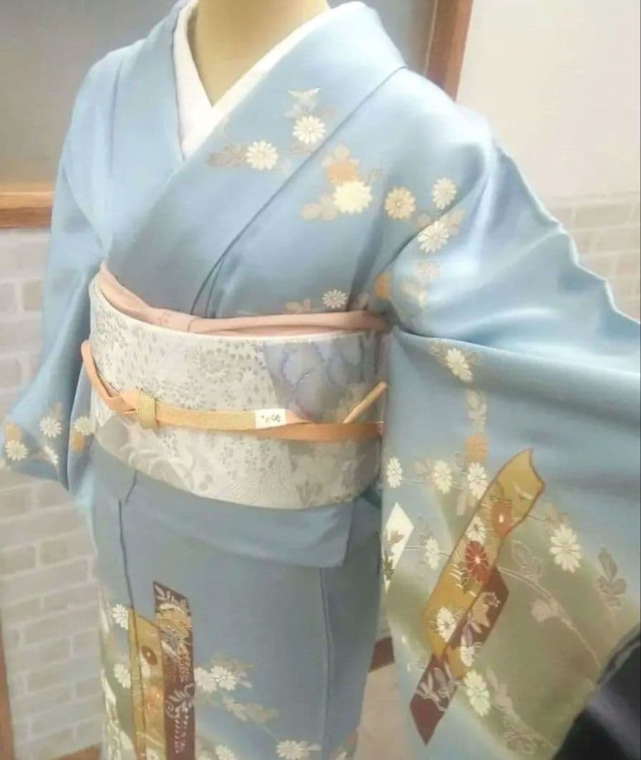 水色　訪問着　花柄