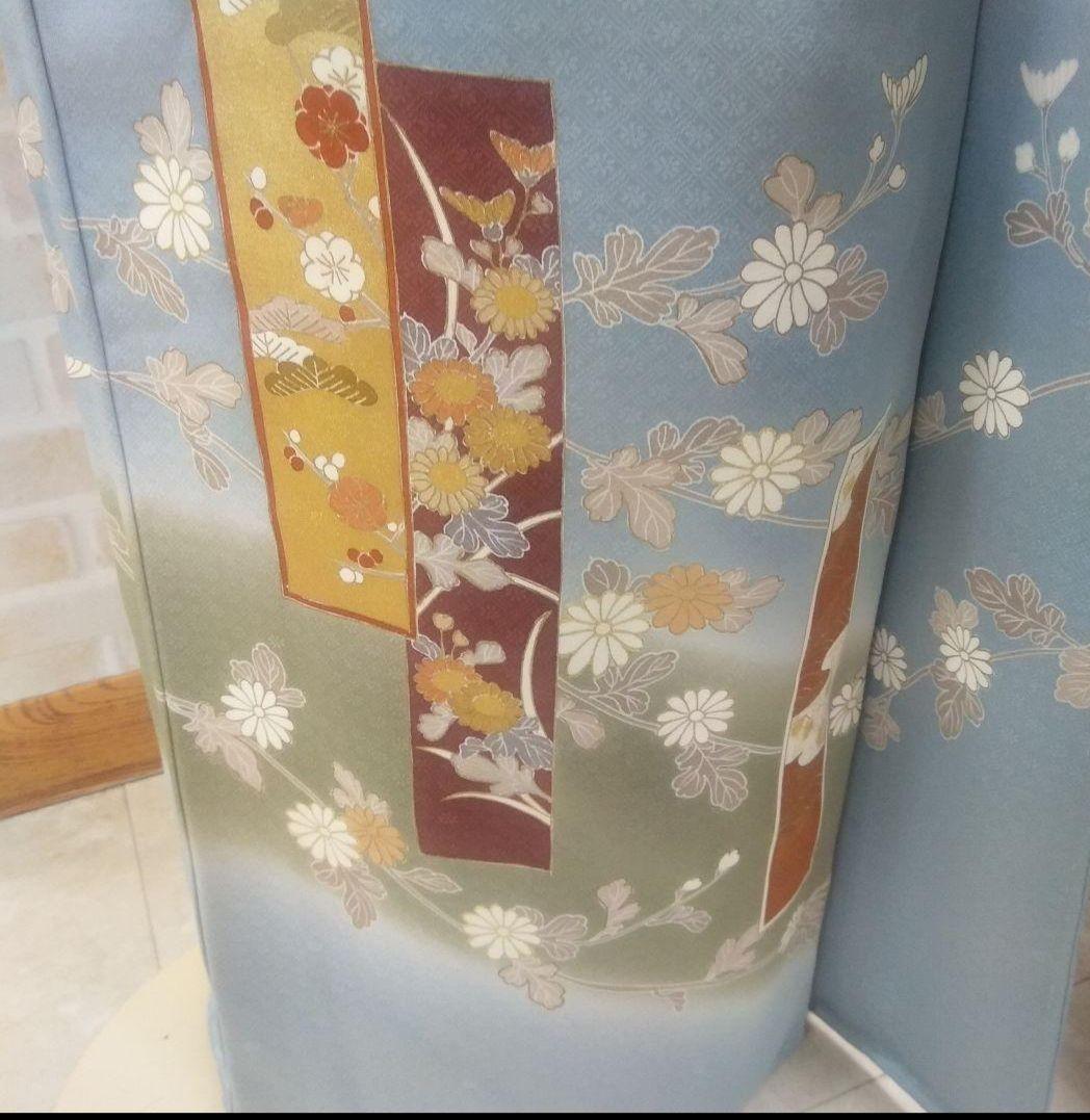 水色　訪問着　花柄