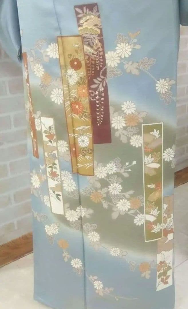 水色　訪問着　花柄