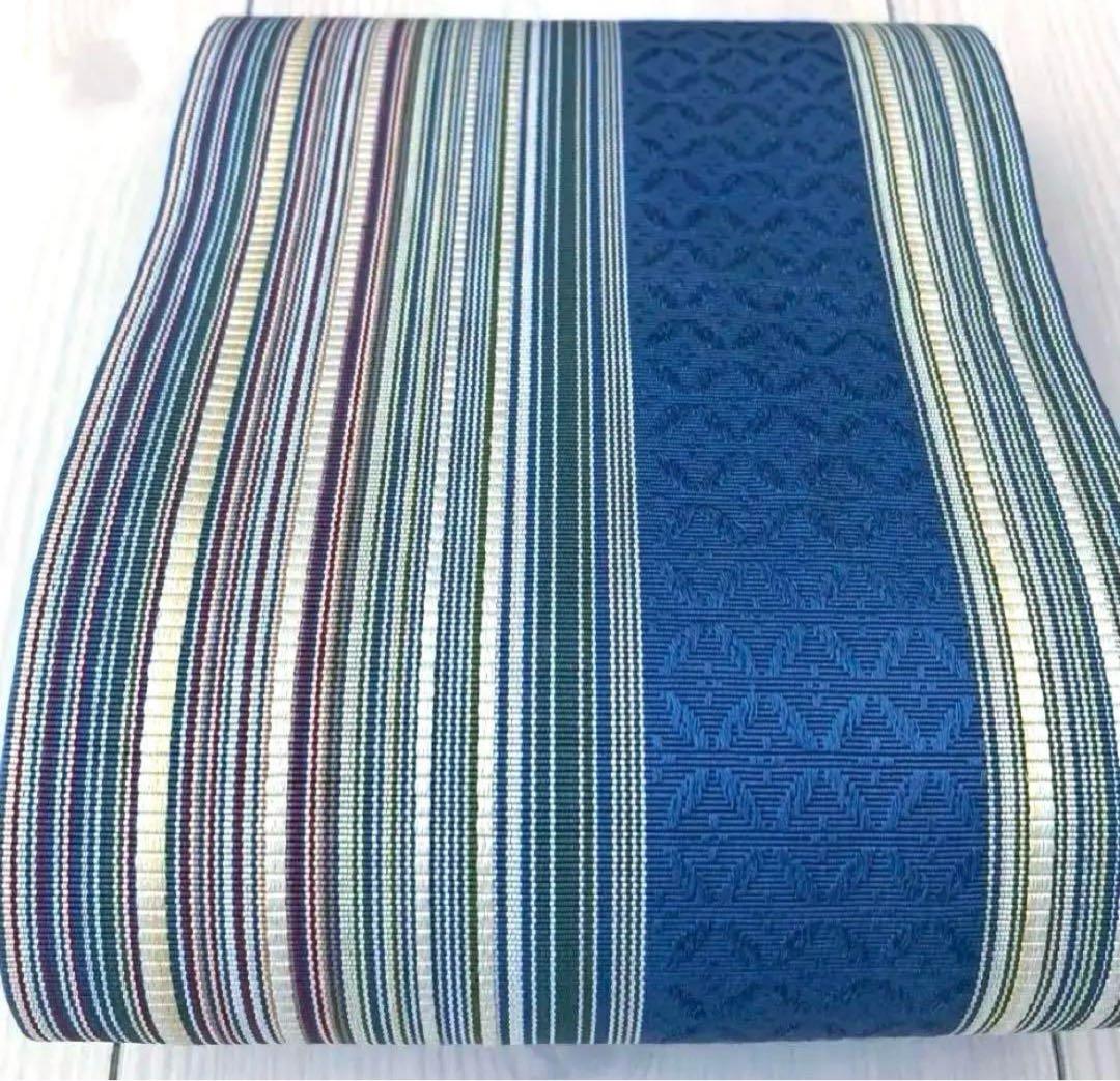 博多織　半幅帯　ブルーグレー　縞模様