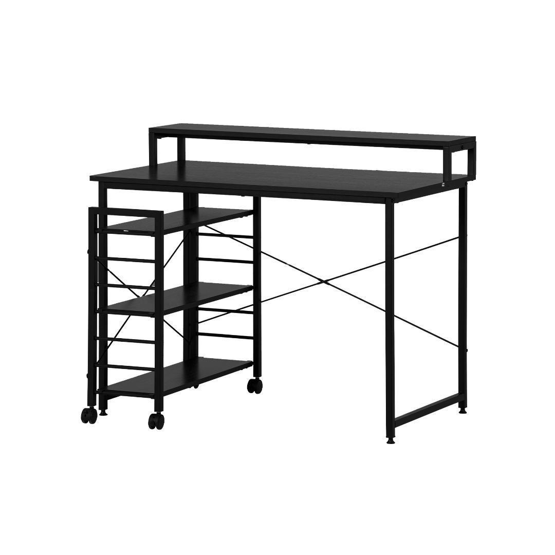 【ブラック】パソコンデスク キャスター付きで移動可能ラック付き デスクワークデス