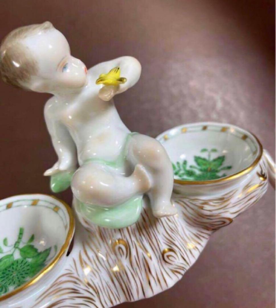 HEREND ヘレンドアポニーグリーンエンジェルセラーソルト＆ペッパー天使皿レア