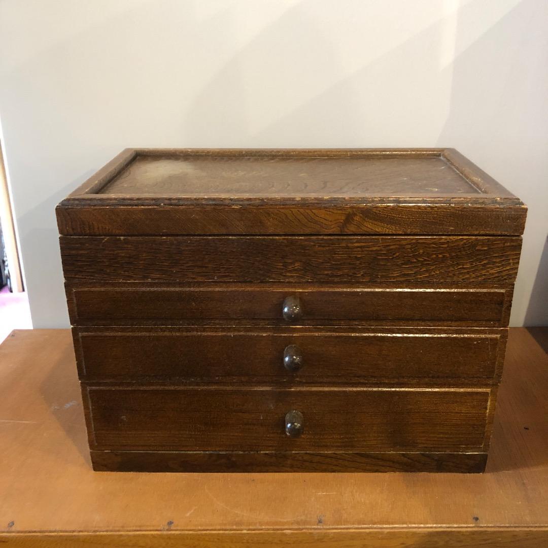 昭和レトロ　木製ジュエリーボックス　3段　鏡付きアクセサリー入れ　小物入れ　木